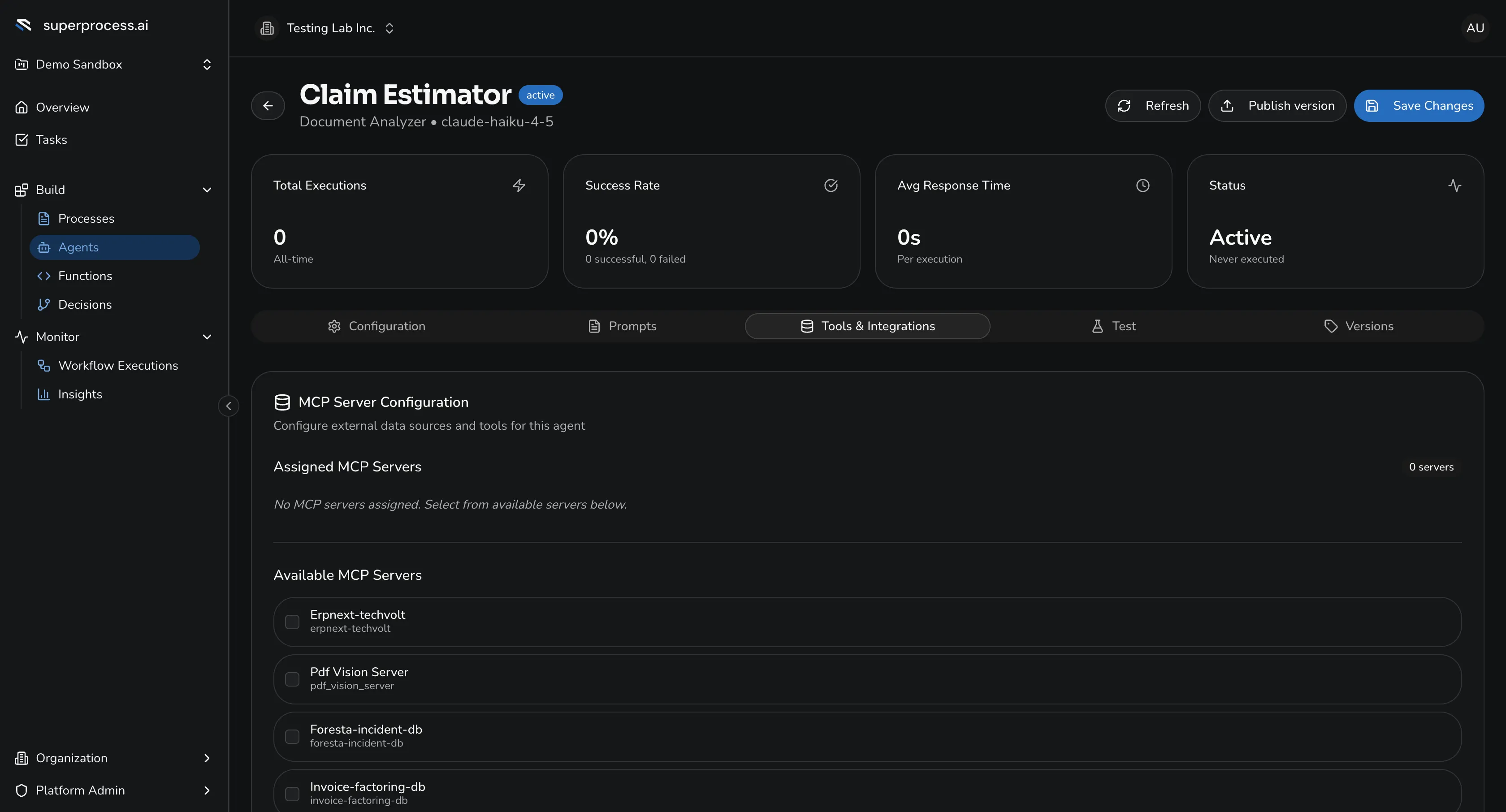 The agent's Tools & Integrations tab: assigned and available MCP servers as checkboxes, and an Integration Connectors section