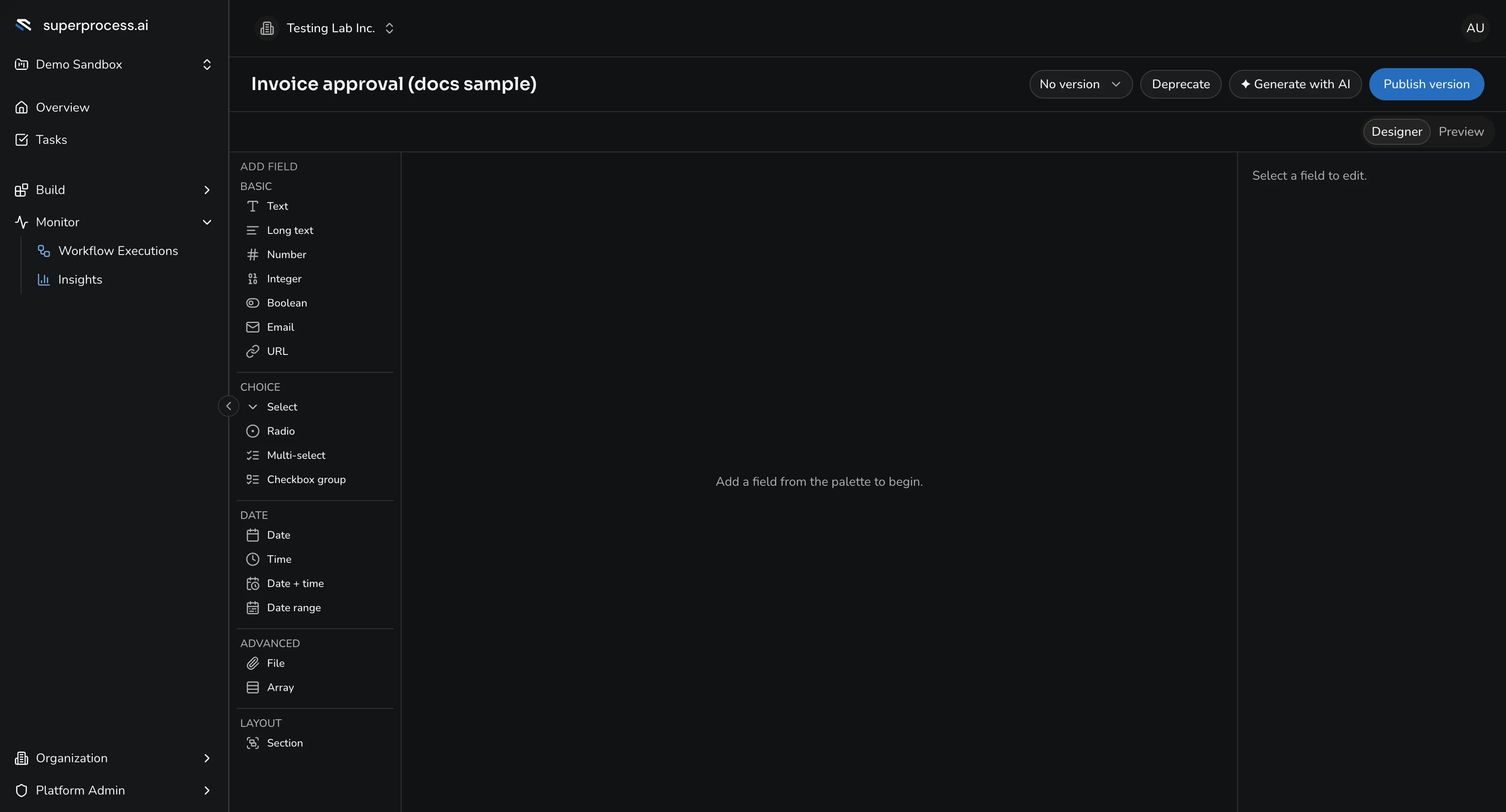 The form builder: the Add Field palette on the left (Basic, Choice, Date, Advanced, Layout), the design canvas in the middle, and a field editor on the right
