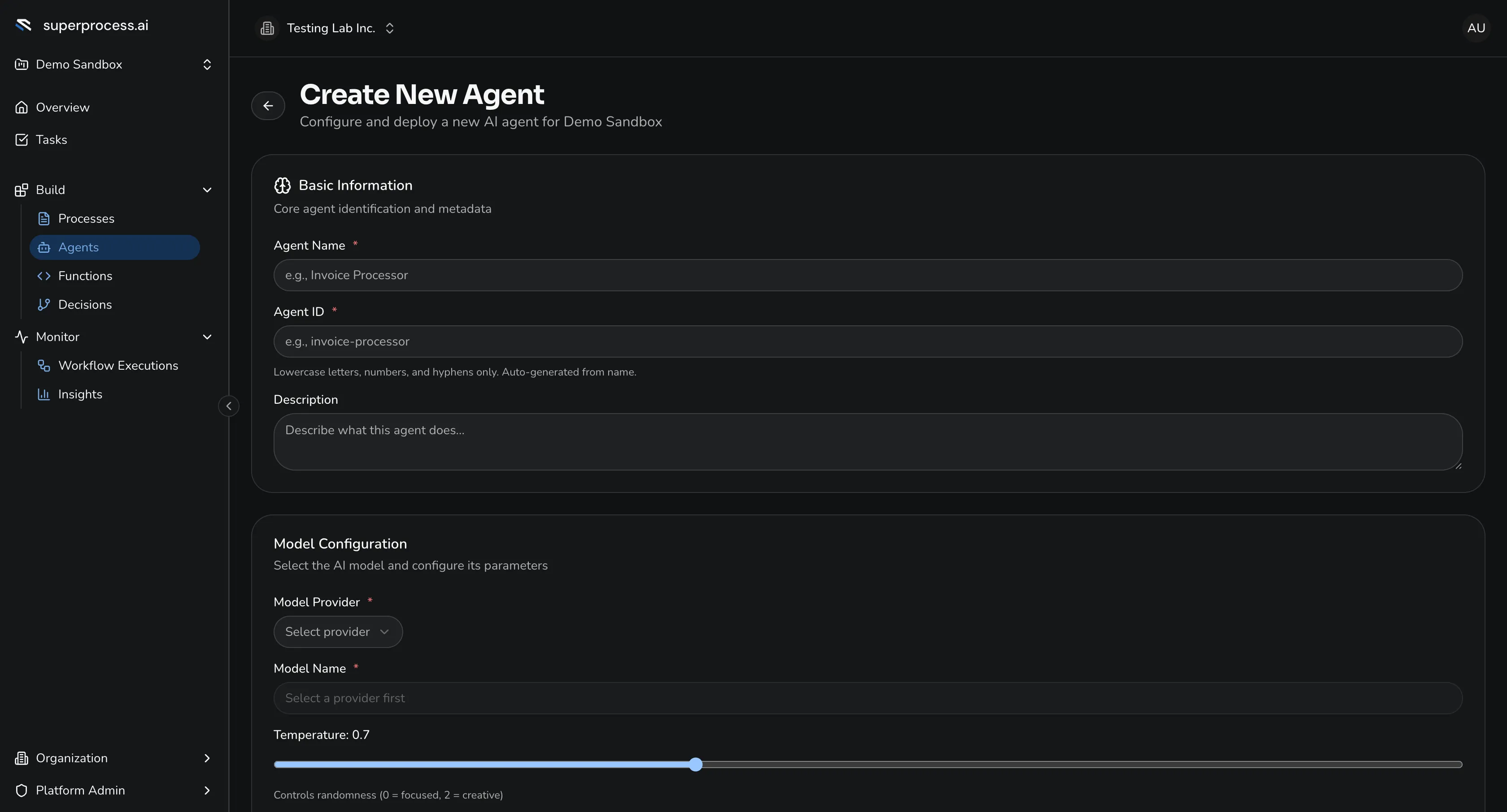 The New agent form: name, model provider and model, temperature, max tokens, fallback toggle, and the system prompt