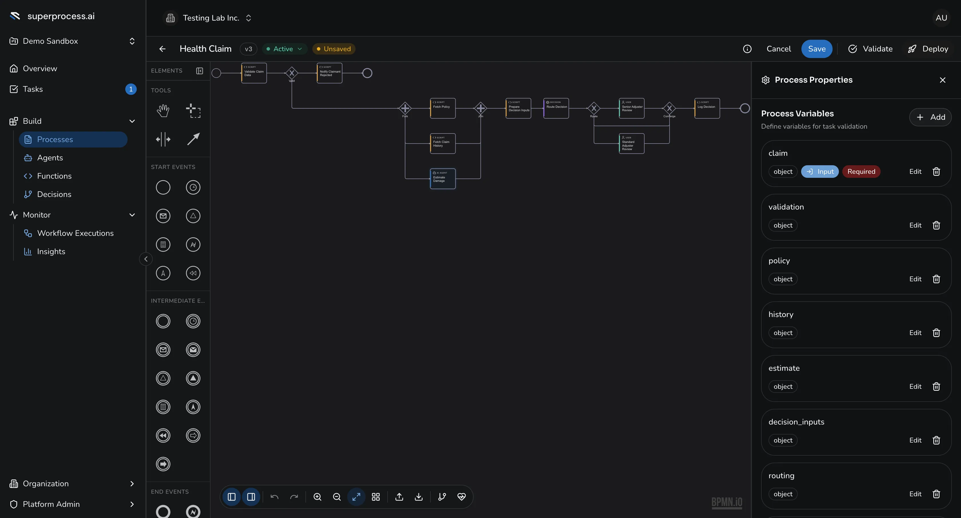 A completed multi-step process open in the Process Designer, with the element palette on the left and the properties panel on the right