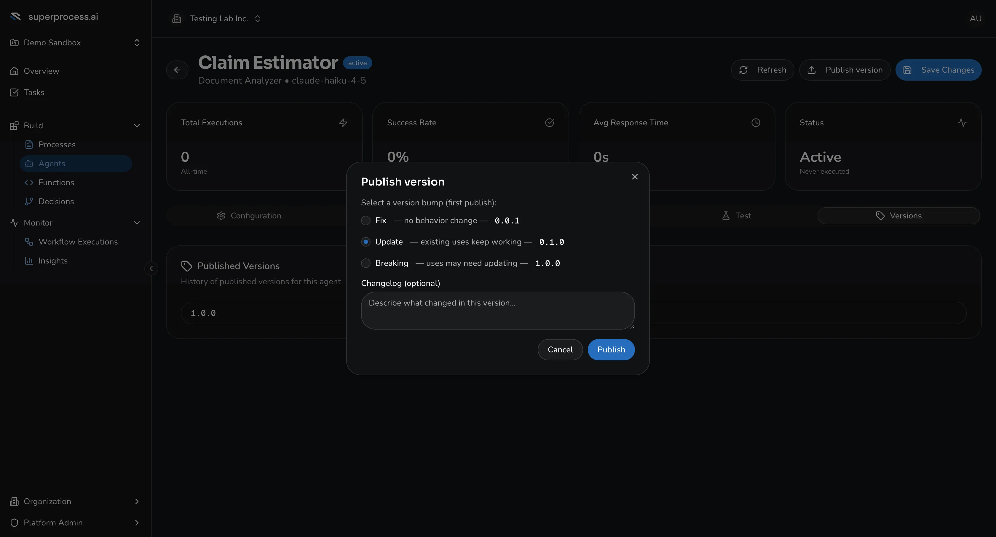 The Publish version dialog: Fix, Update, and Breaking version-bump options with semver numbers, and an optional changelog field