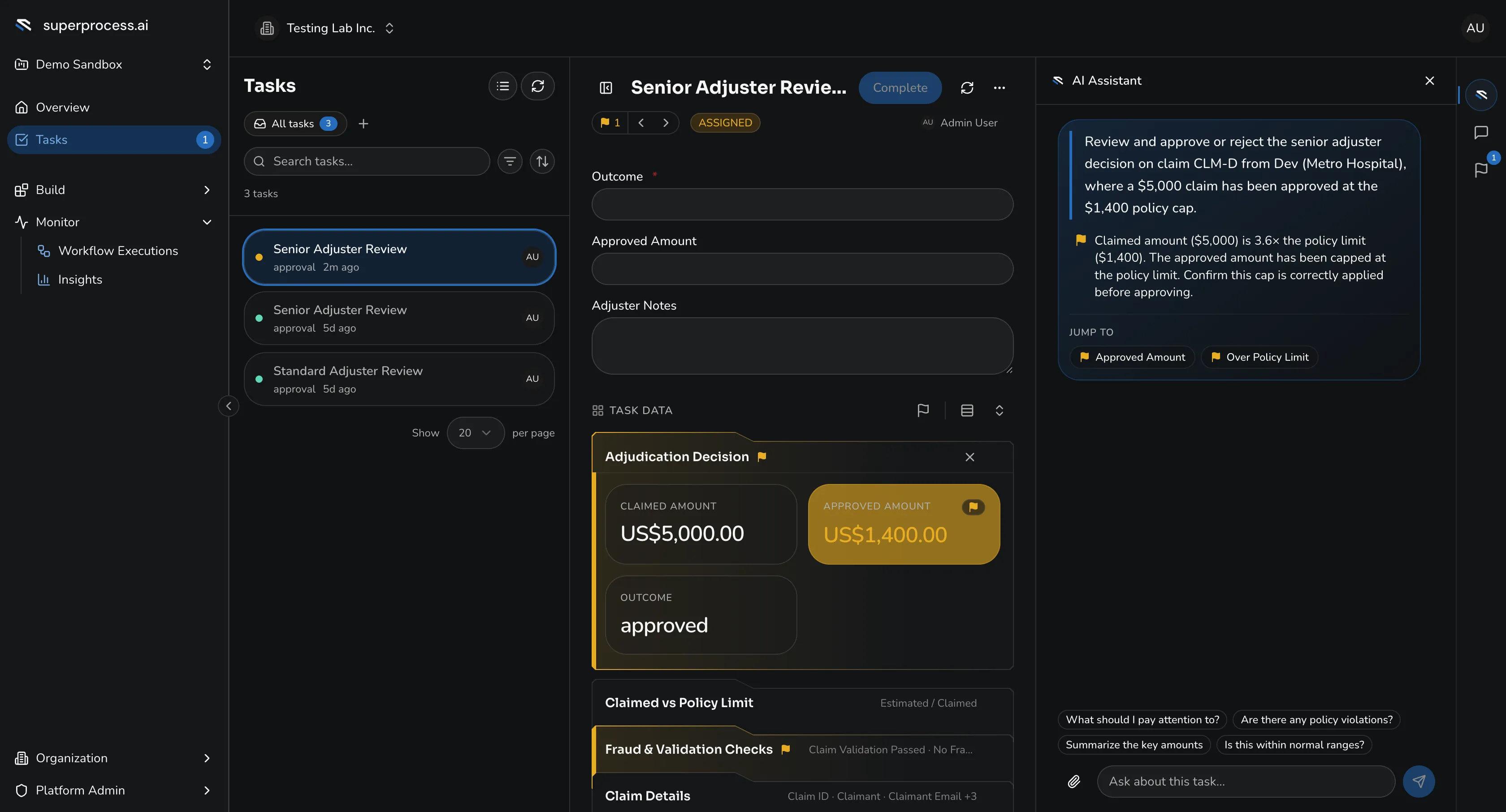 A task open in the inbox showing its completion form and the AI review assistant
